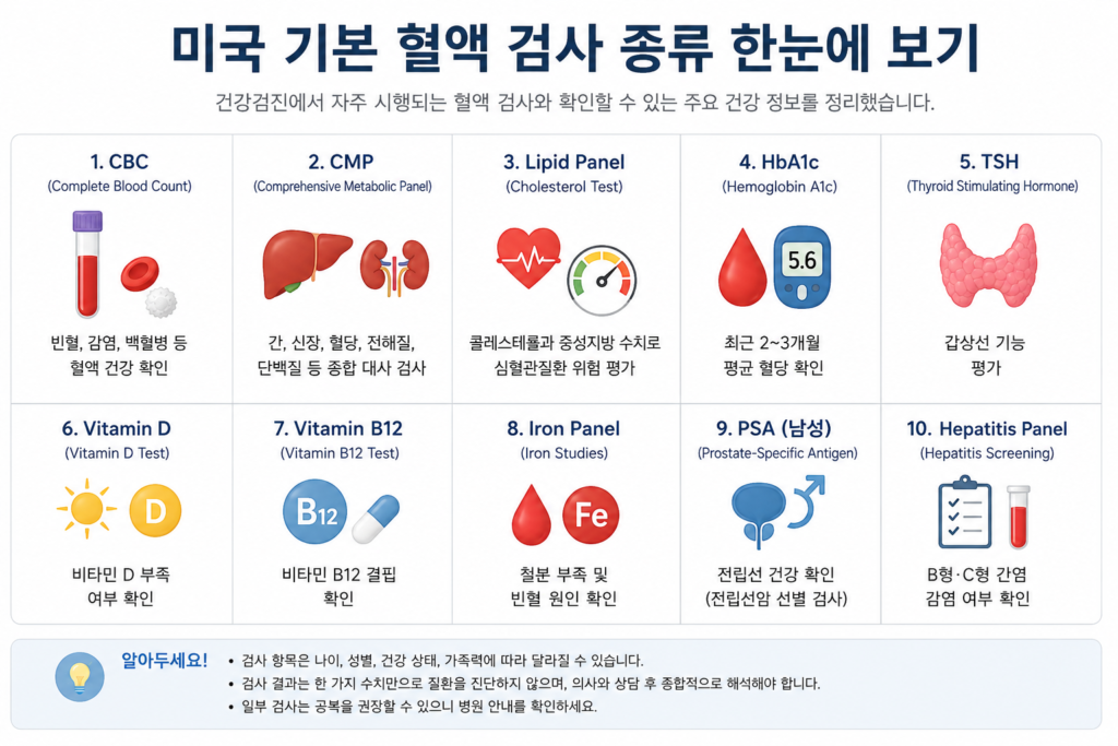 미국 피검사(기본 혈액 검사) 종류를 보여주는 이미지