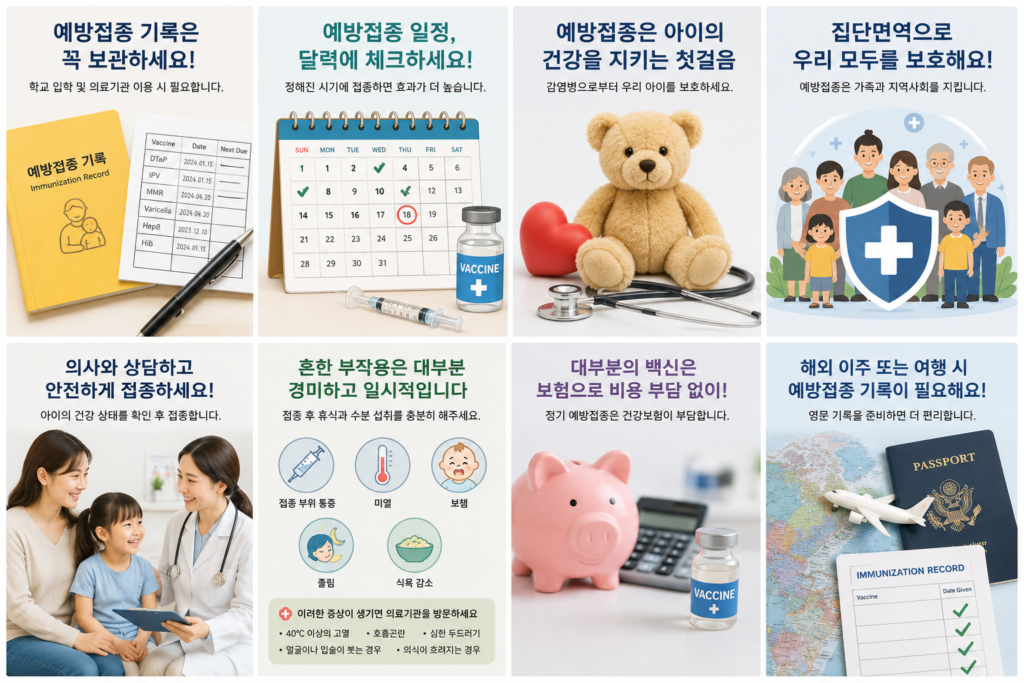 미국 어린이 예방 접종의 중요사항을 정리한 이미지