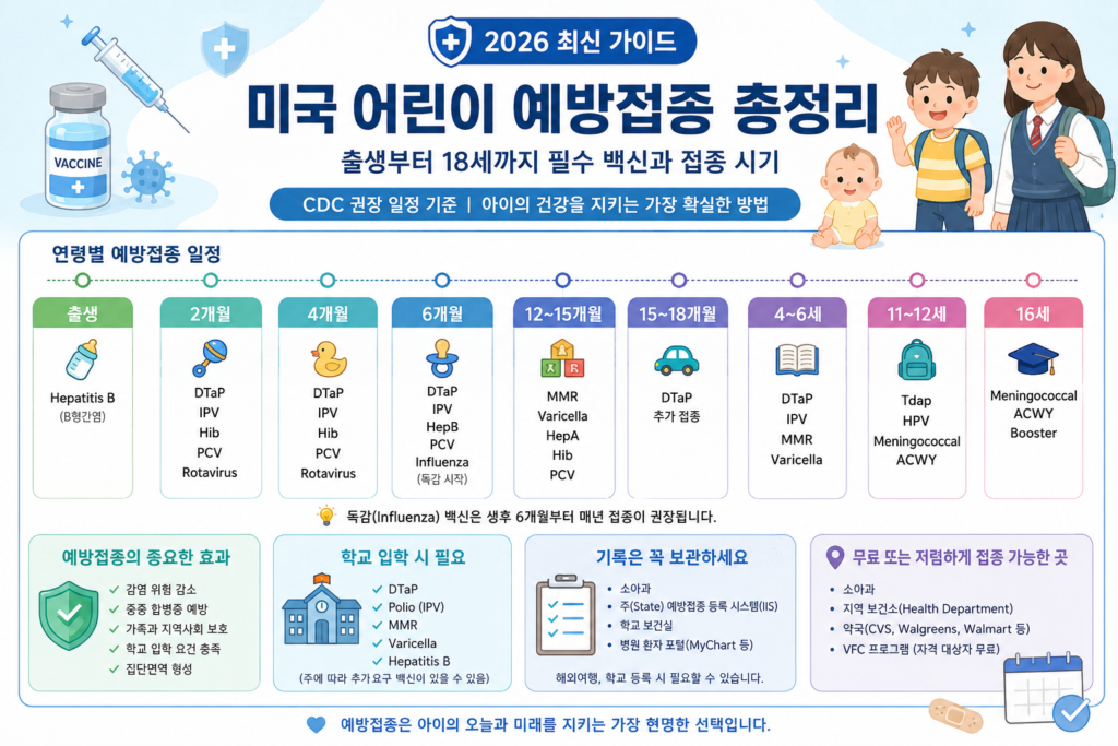 미국 어린이 예방접종 일정 및 효과 등 중요한 사항 설명한 이미지