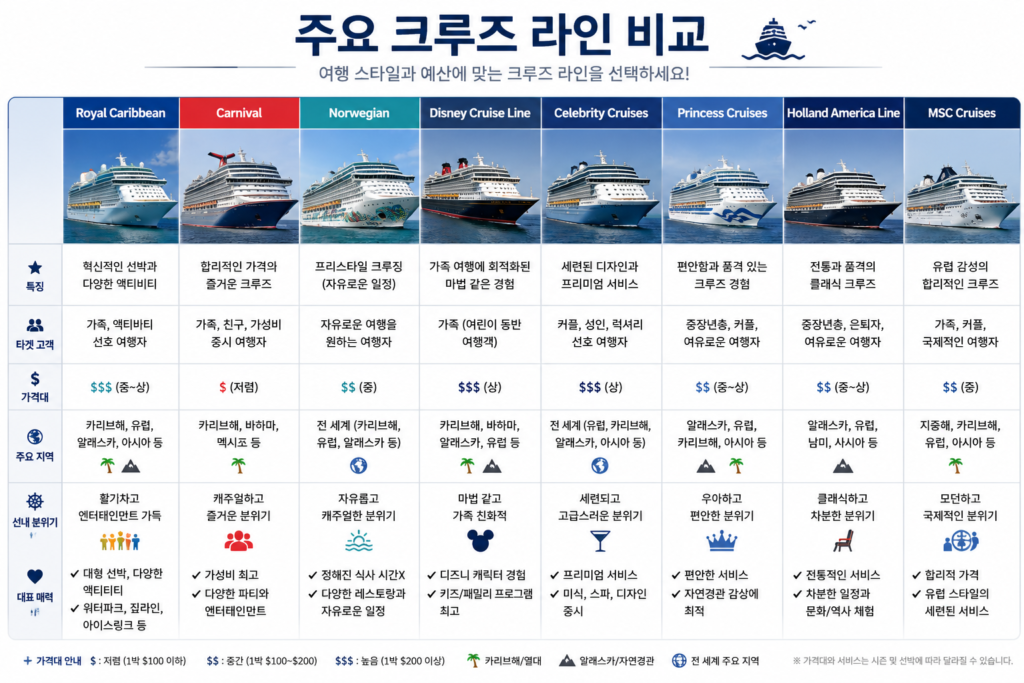 미국 인기있는 크루즈 라인 비교 설명하는 이미지