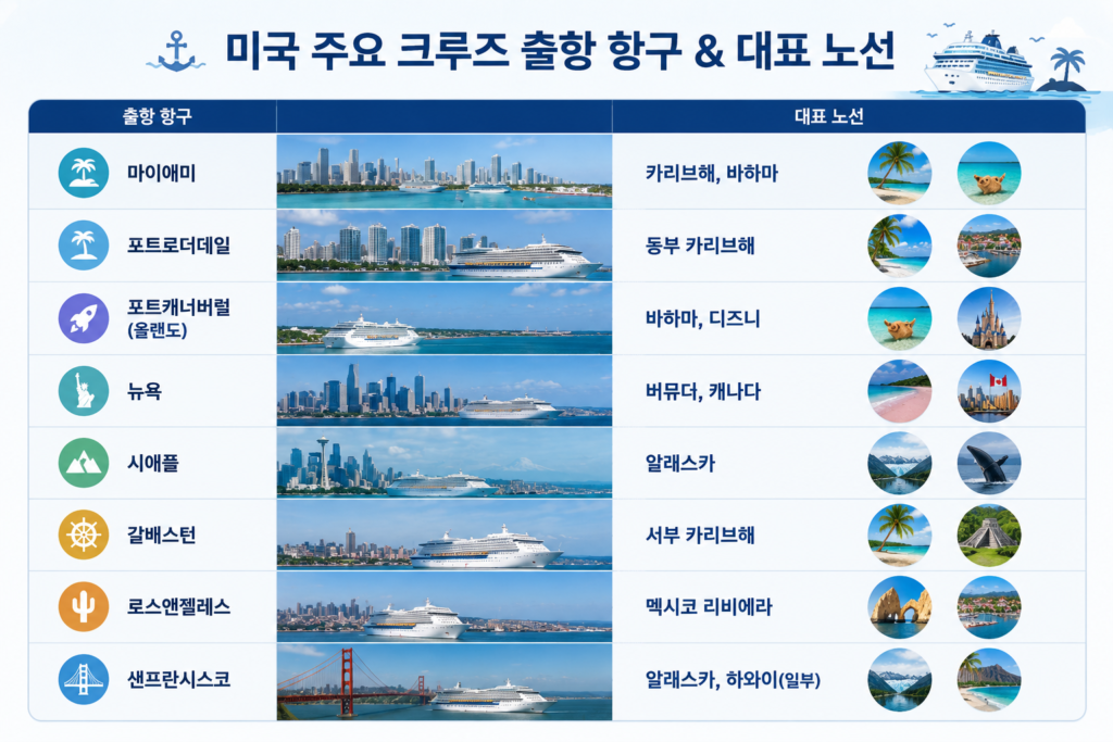 미국 주요 크루즈 출발 항구 대표 노선 이미지