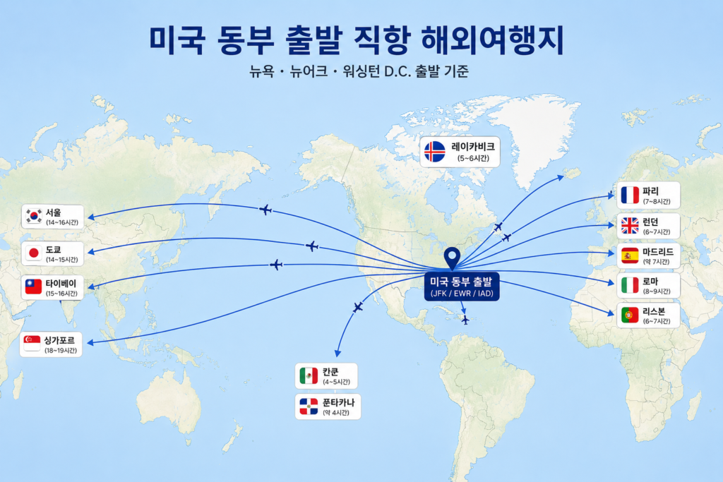 미국 동부 출발 직항 해외여행 노선 지도