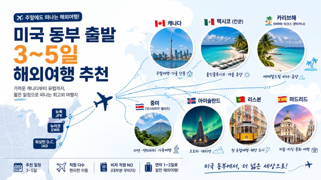 미국 동부 출발 3~5일 일정 해외 여행 추천