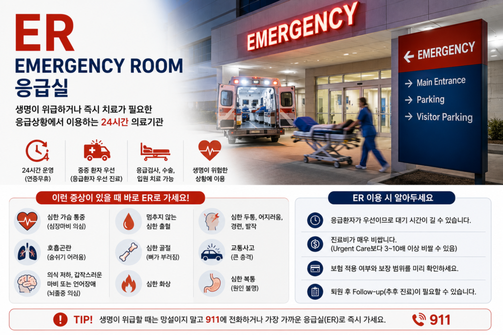 er(응급실)에 가야 하는 증상과 이용 시 알아둘 사항들을 안내하는 이미지