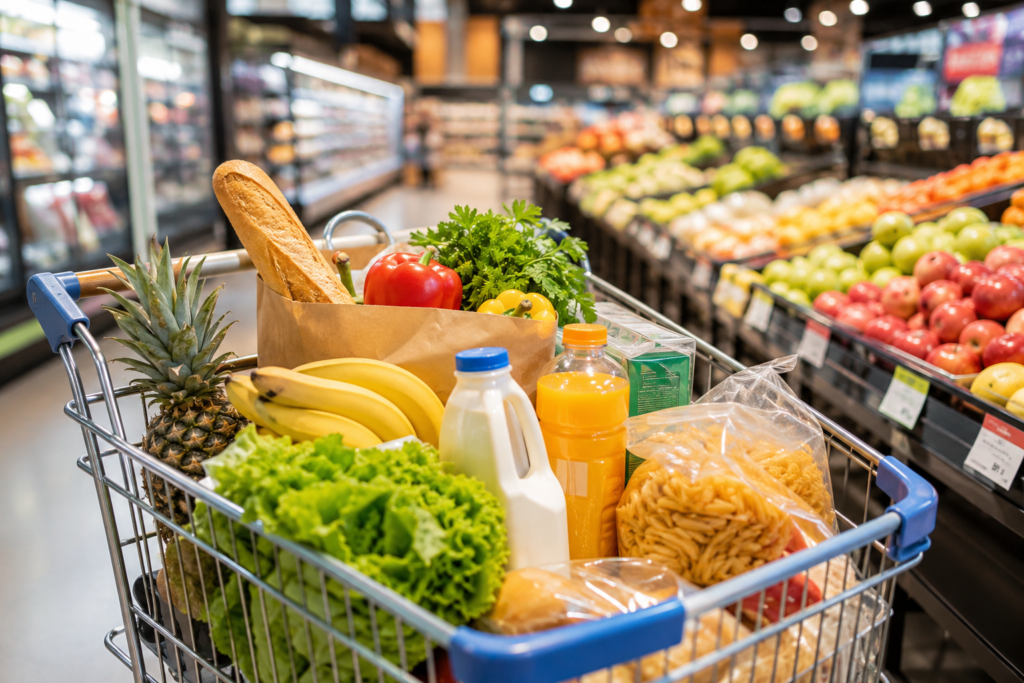 grocery shopping 한 카트 안에 담긴 여러가지 품목을 보여주는 이미지 입니다.
