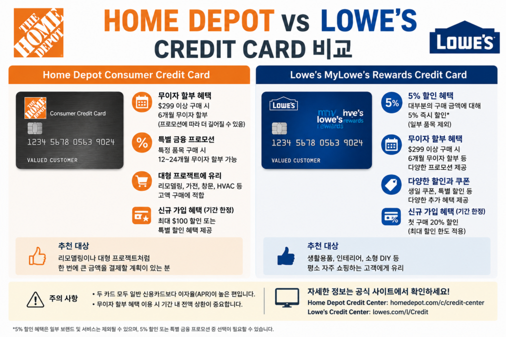 home depot vs lowe's credit card 혜택 을 설명하는 이미지 입니다.