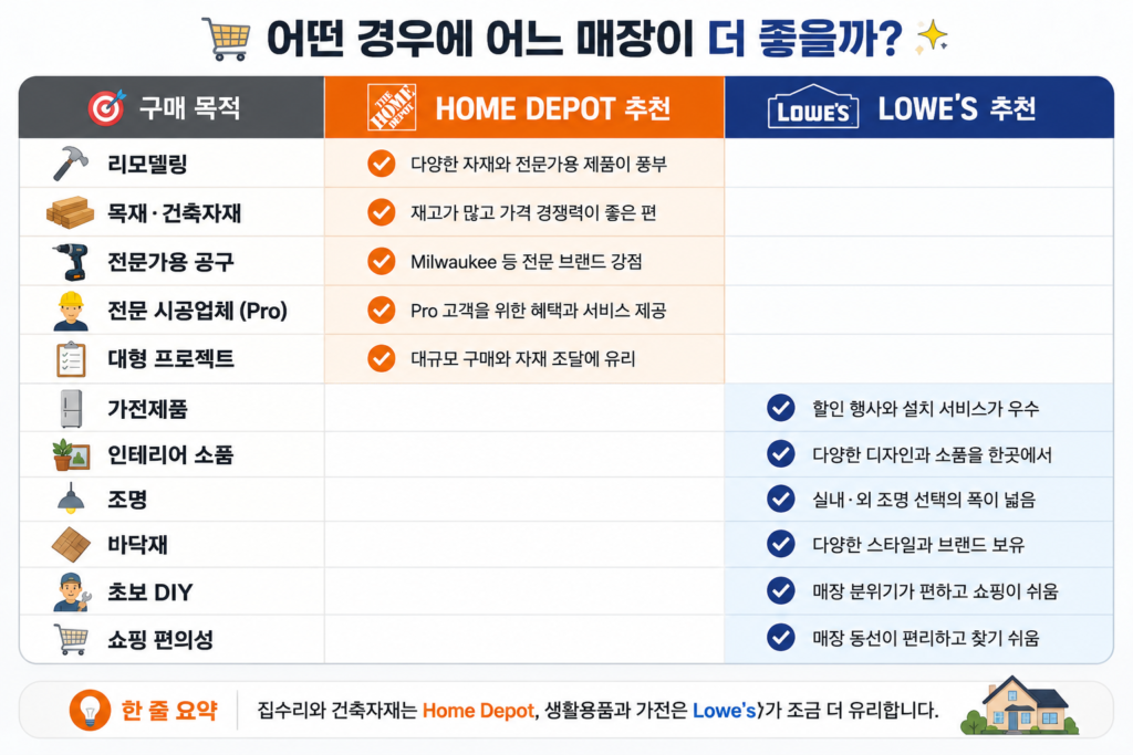 구매 목적별 home depot vs lowe's 추천 설명하는 이미지