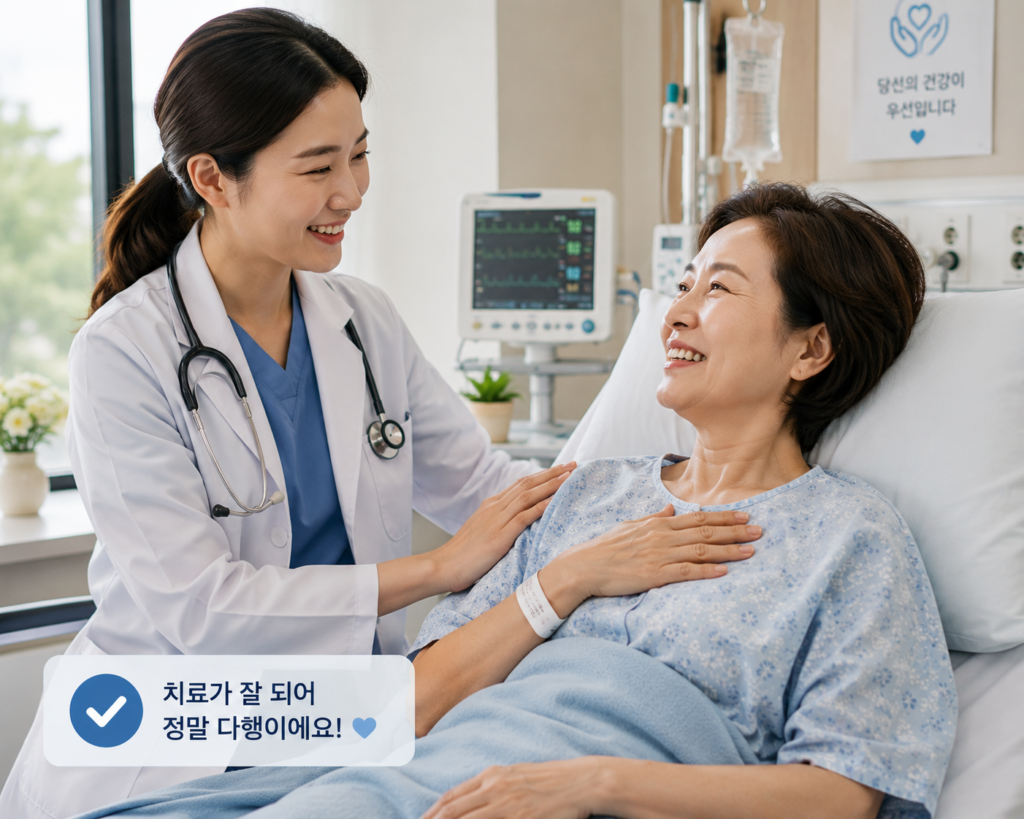 의사가 입원 환자와 대화하는 이미지
