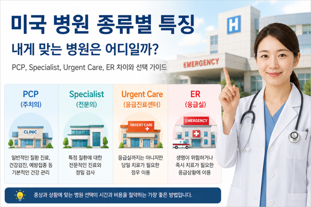 미국 병원 종류별 특징( pcp, specialist,urgnt care, er) 설명하는 이미지
