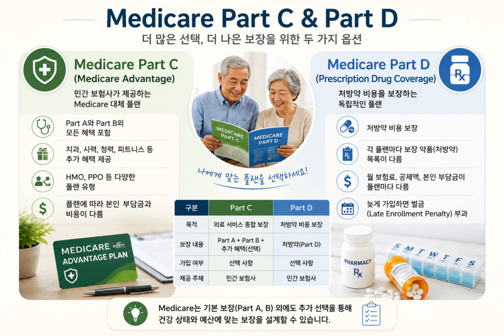 medicare(메디케어) part c& part d 설명하는 이미지