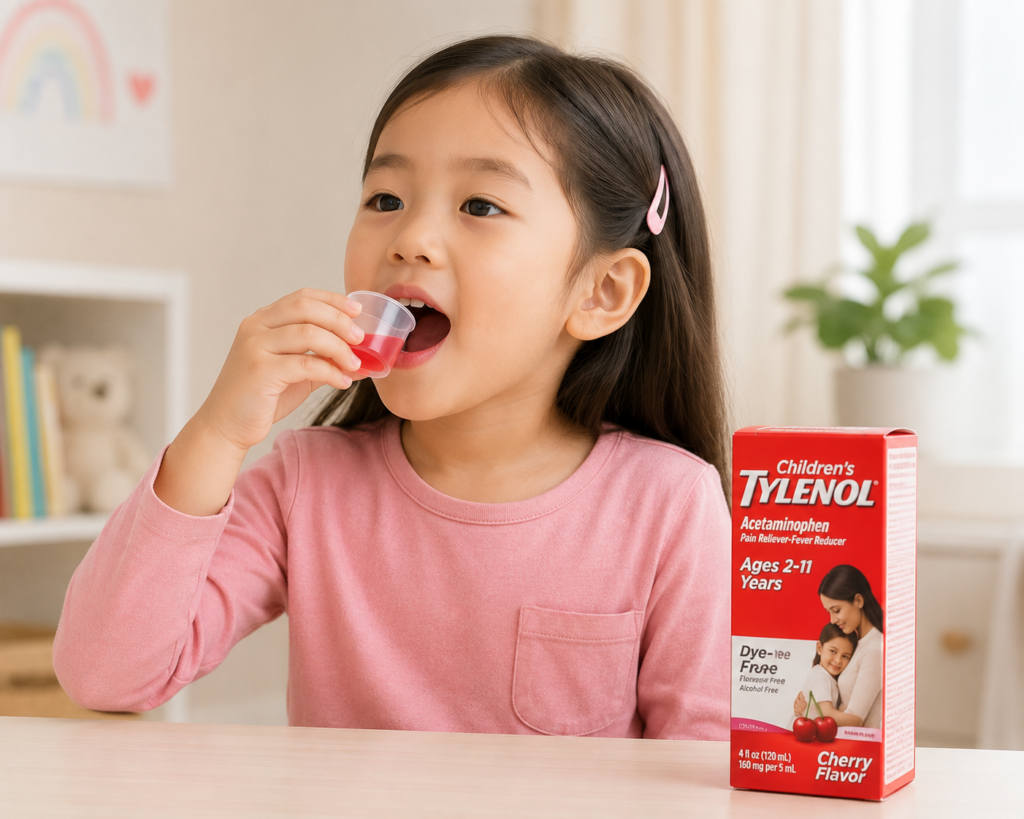 어린이용 otc약 Children's Tylenol-을 복용하고 있는 어린이 이미지