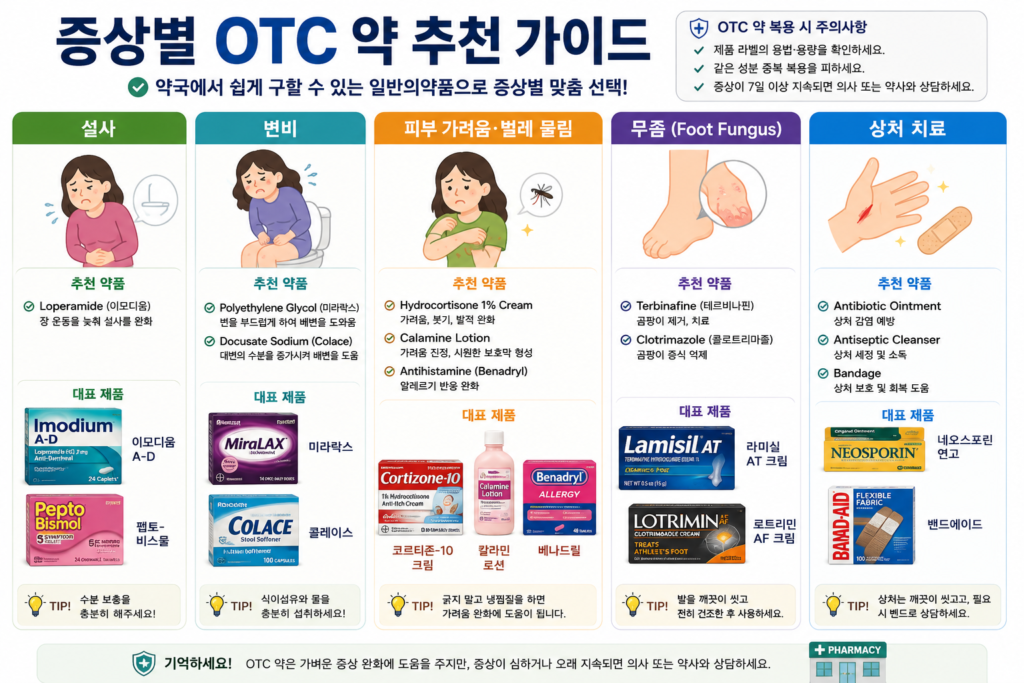 증상 별 otc 약 추천 가이드 이미지- 설사, 변비,피부질환, 무좀, 상처 치료