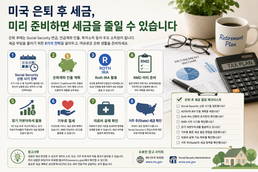 미국 은퇴 후 세금을 줄일 수 있는 방법을 설명하는 이미지
