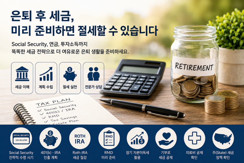 미국 은퇴 후 세금 계획 설명하는 이미지