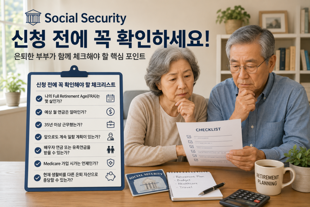 은퇴 부부가 미국 social security 연금 신청 전 확인해야 할 체크리스트 보고 있는 이미지