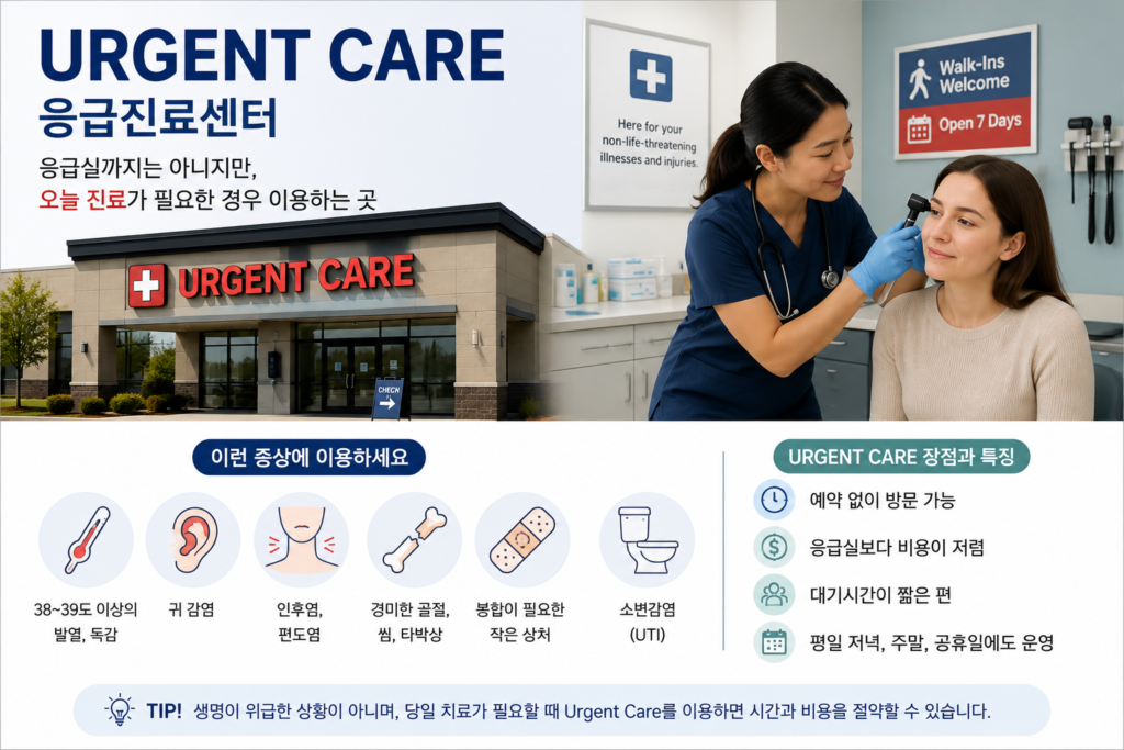 urgent care(응급진료센터)의 장점과 특징을 설명하는 이미지
