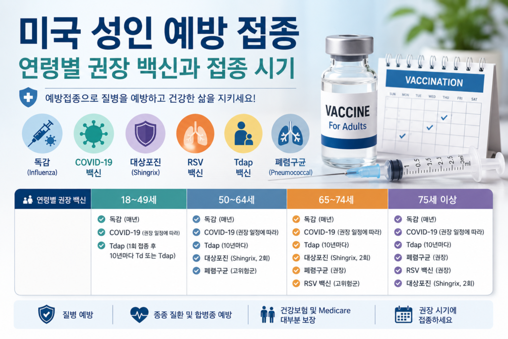 미국 성인 필수 예방접종 연령별 권장 백신과 접종 시기 이미지