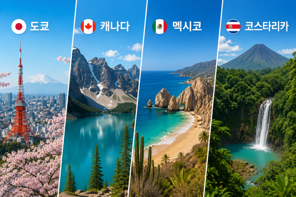 미국 서부 출발 해외 여행지 도쿄, 캐나다, 멕시코, 코스타리카 설명하는 이미지