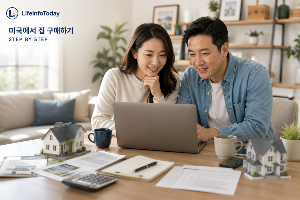 미국에서 집 구매하기 위해 정보를 확인하고 있는 이미지