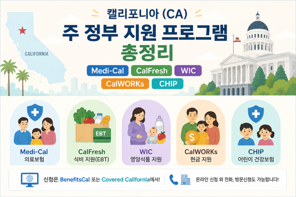 캘리포니아 정부 지원 프로그램 medi-cal, calfresh, wic, calworks, chip 소개 이미지