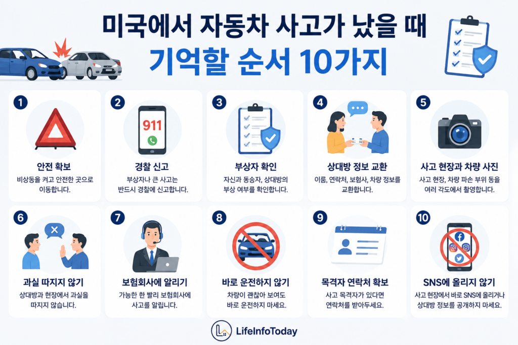 미국에서 자동차 사고 났을 때 기억할 순서 10가지 설명하는 이미지
