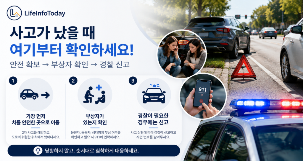 미국에서 자동차 사고가 났을 때 대처법에 관한 글 소개하는 이미지