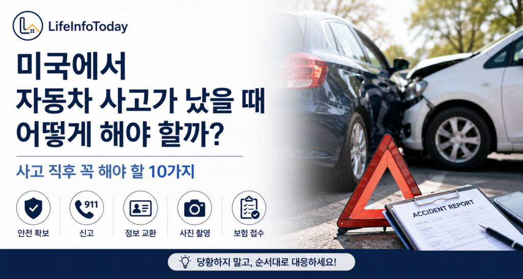 미국에서 자동차 사고가 났을 때 대처법에 관한 글 소개하는 이미지