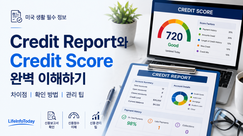 미국에서 credit report 확인하는 방법에서 credit report와 credit score에 대헤 소개하는 이미지