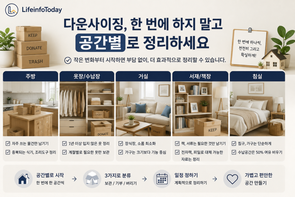 다운사이징을 위한 공간별 짐 정리에 대해 소개하는 글 이미지
