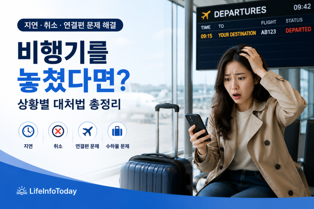 미국 공항에서 비행기를 놓쳤을 때 대처 법에 관한 글을 소개하는 이미지