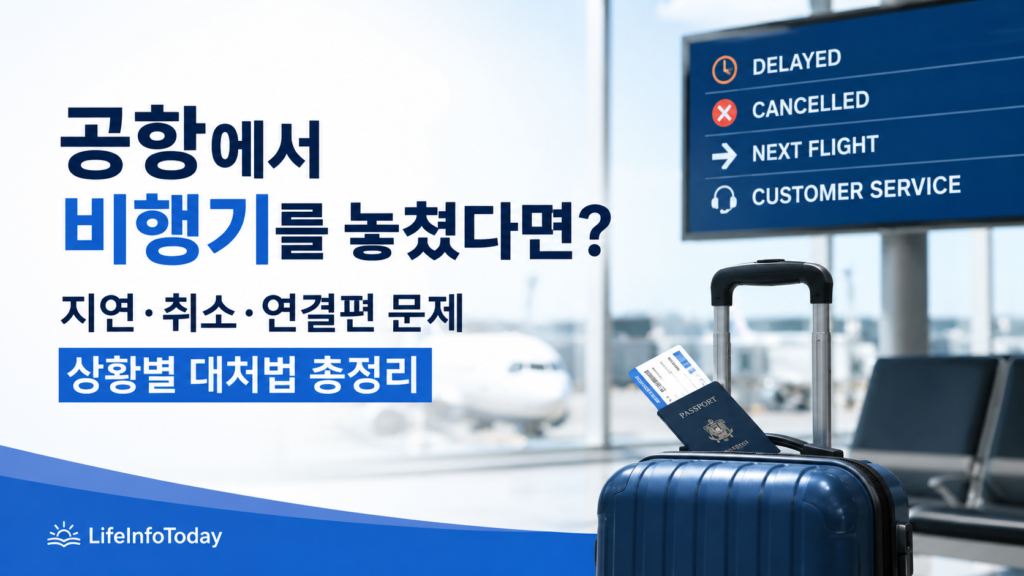 미국 공항에서 비행기를 놓쳤을 때 대처 법에 관한 글을 소개하는 이미지