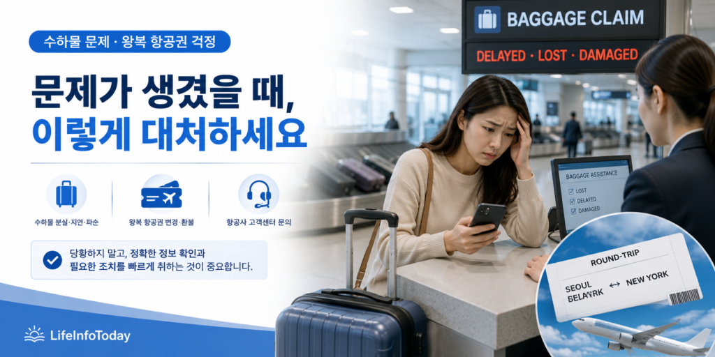 미국 공항에서 비행기를 놓쳤을 때 대처 법에 관한 글을 소개하는 이미지