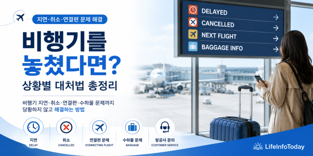 미국 공항에서 비행기를 놓쳤을 때 상황 별 대처 법에 관한 글을 소개하는 이미지