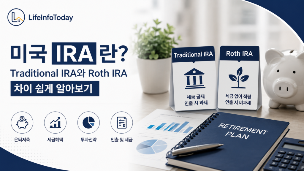 미국 IRA에서 Traditional IRA와 Roth IRA에 대해 소개하는 이미지 