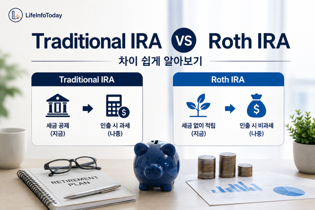 미국 IRA에서 Traditional IRA와 Roth IRA에 대해 소개하는 이미지 