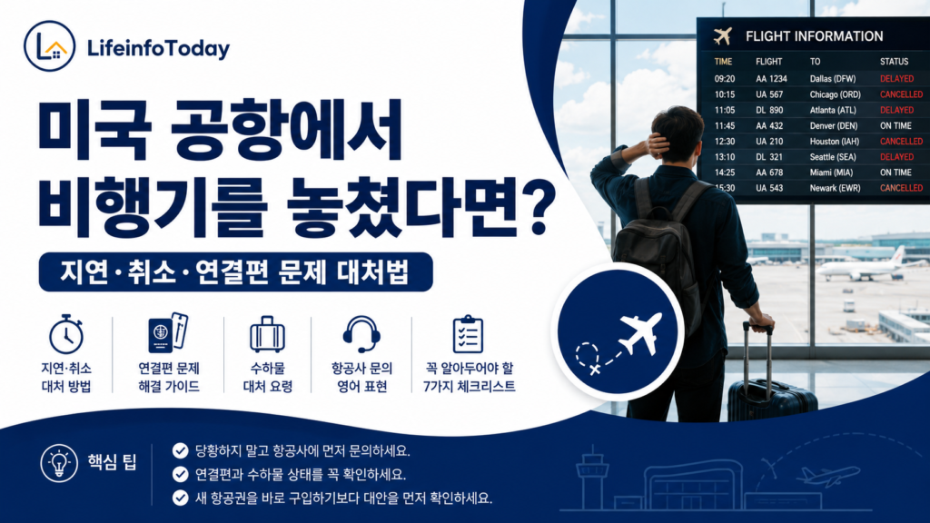 미국 공항에서 비행기를 놓쳤을 때 대처 법에 관한 글을 소개하는 이미지