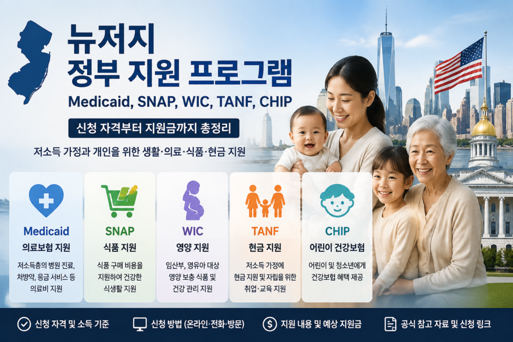 뉴저지 정부 지원 프로그램 Medicaid ,SNAP, WIC, TANF, CHIP 소개하는 이미지