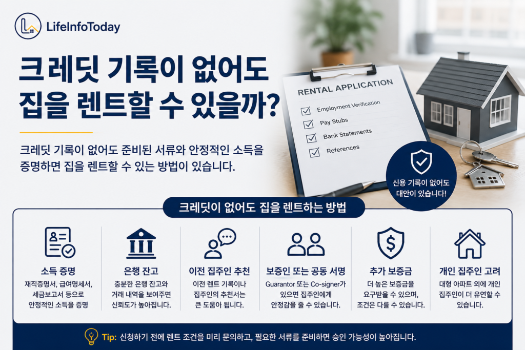 크레딧 기록 없이 미국 집 렌트할 수 있는 지 설명하는 글 이미지