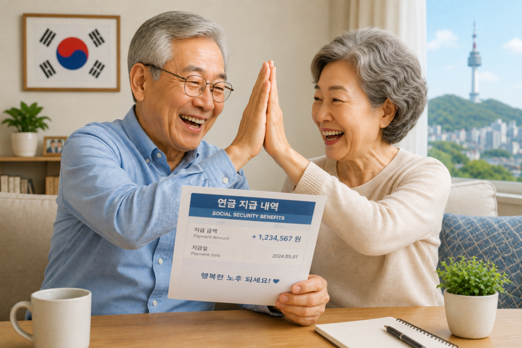 한국에서 미국 social security 받고 기뻐하는 노부부 모습 이미지