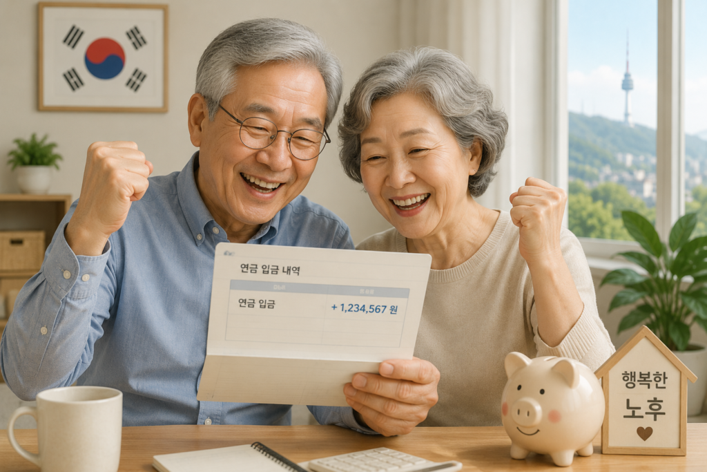 한국에서 미국 social security 받고 기뻐하는 노부부 모습 이미지