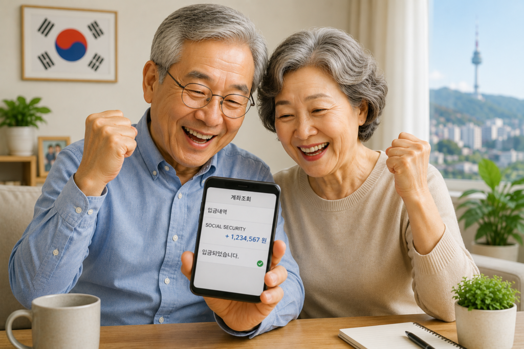 한국에서 미국 social security  연금을 입금 받고 기뻐하는 노부부 모습 이미지