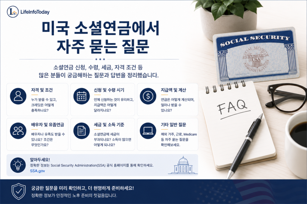 미국 소셜연금 에서 자주 묻는 질문에 대한 글 소개하는 이미지