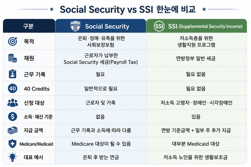 Social Security와 SSI 제도를 비교해서 설명한 표 이미지
