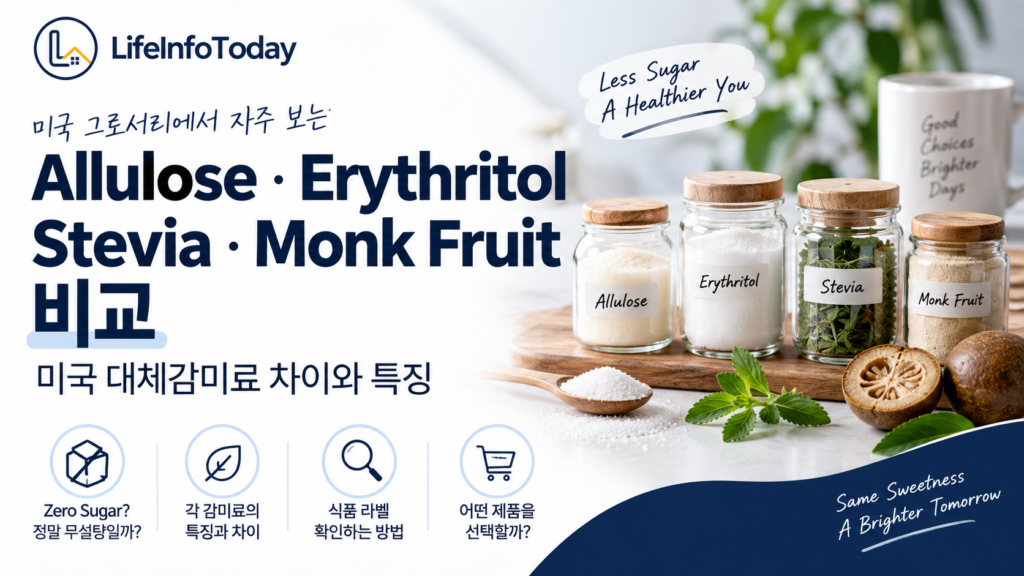 미국 대체감미료 차이와 특징-Allulose·Erythritol·Stevia·Monk Fruit 소개하는 글 이미지