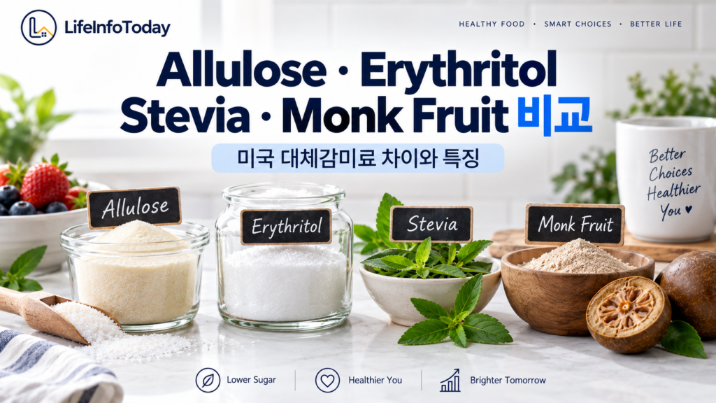 미국 대체감미료 차이와 특징-Allulose·Erythritol·Stevia·Monk Fruit 소개하는 글 이미지