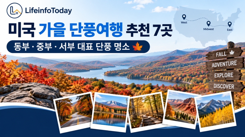 미국 가을 단풍여행 추천 7곳｜동부·중부·서부 대표 단풍 명소 소개하는 이미지