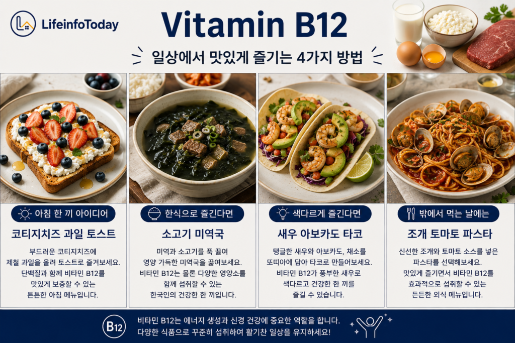 건강한 식습관을 위해 알아두면 좋은 영양소 비타민 B12|일상에서 쉽게 먹는 방법 소개하는 글 이미지